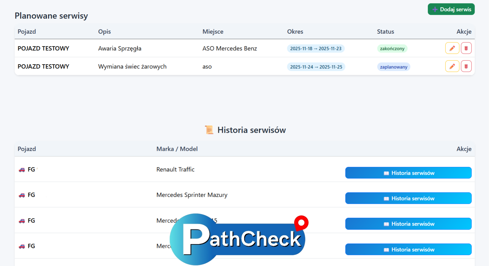 Kalendarz serwisów PathCheck